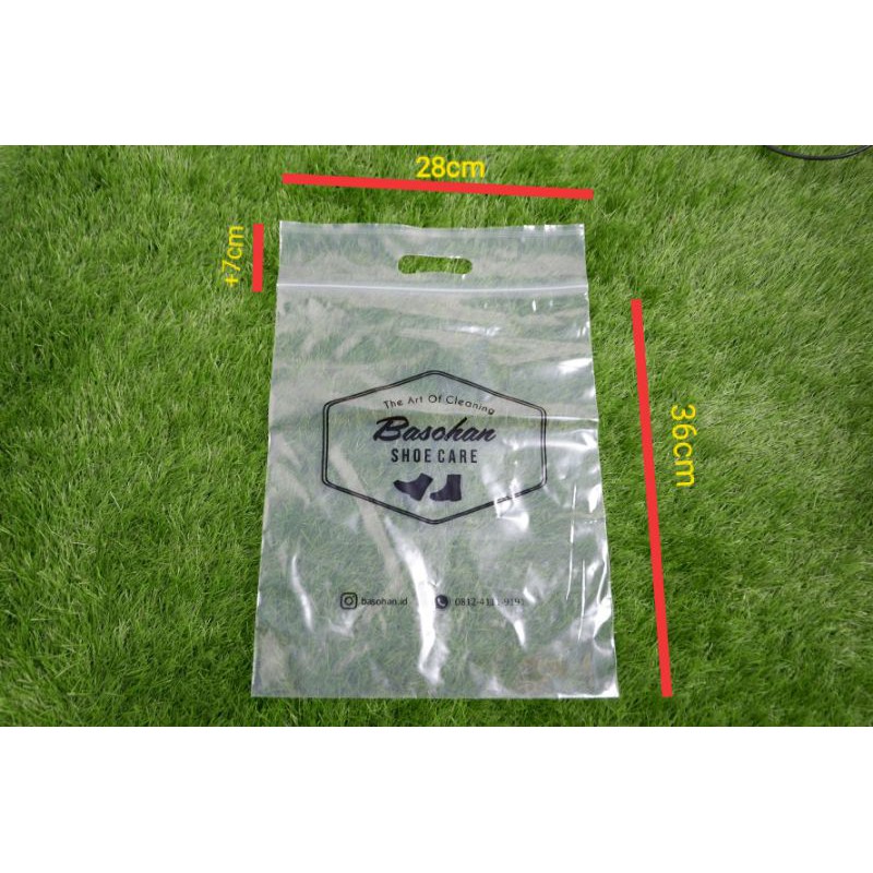 SABLON PLASTIK ZIPLOCK KLIP Uk28*36+7 dan 35*38+7cm (bening) polos / Sablon 1 warna Min Order 100pcs