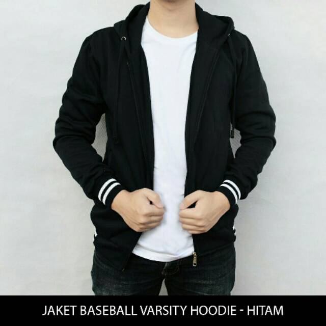 BEST Jaket Jacket Baseball Varsity Polos Basic Pria Hoodie Premium - Hitam / Black