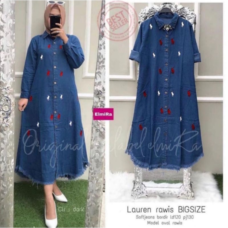 Lauren Midi Dress Maxy Gamis Jeans Snow Bordir Polo Rawis Ld 120 Jumbo Fit XXXL Busui Kancing By Elm