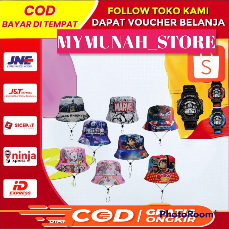 Topi Bucket Anak Bolak Balik Motif Karakter / Topi Anak Karakter 3-8 Tahun / Bucket Anak Lucu