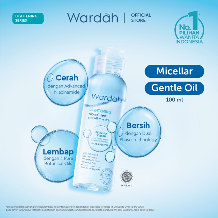 `ღ´ PHINKL `ღ´ ᘺᗩᖇᕲᗩᕼ wardah Lightening Oil Infused Micellar Water remover make up waterproff 50 ml / 100 ml