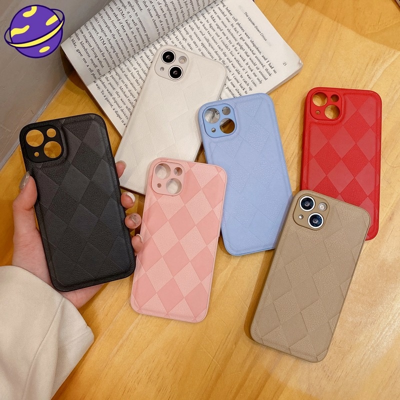 Case Bahan Kulit Motif Diamond Lattice Untuk IPhone 13 12 11 Pro X Xs Max 7 8 Plus