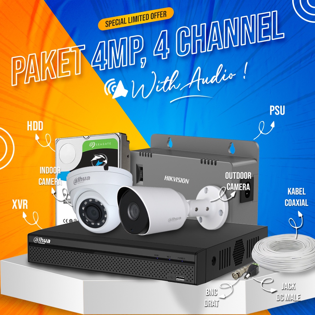 PAKET CCTV DAHUA 4 CHANNEL 4MP AUDIO / 4 KAMERA 4MP DAHUA SIAP PASANG