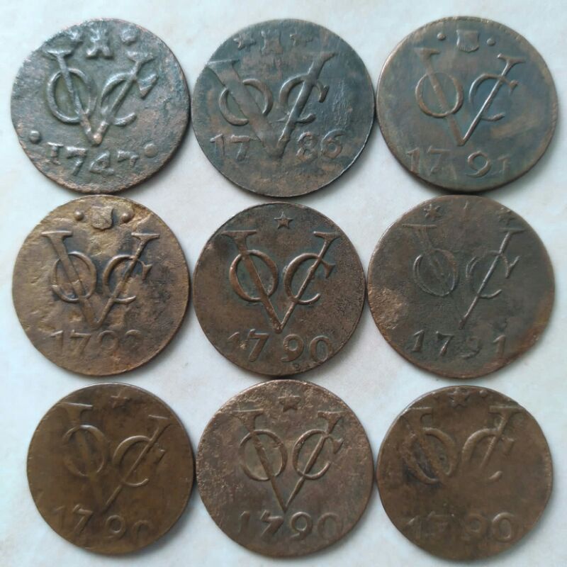 Set 9 Kpg Koin Kuno 1 Duit VOC Tahun 1700-an