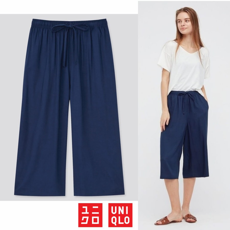 Celana Kulot Wanita Dewasa Remaja Uniqlo Relaco 3/4 Katun Rayon Navy Size M / Kado Baju Kaos Celana 