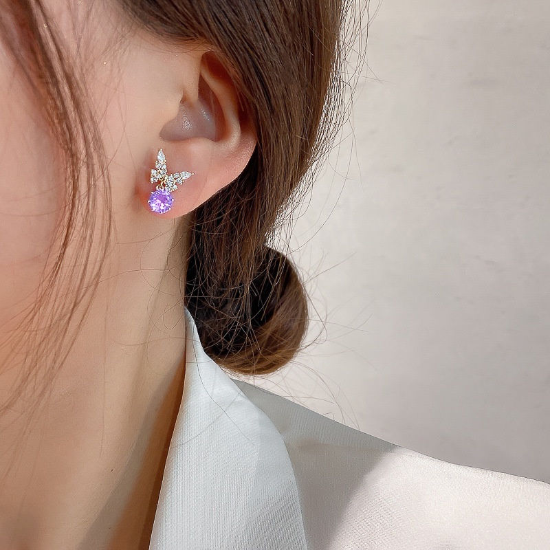 Anting Kupu-Kupu Berlian Berkilau Zirkon Biru Aksesoris Telinga Korea Wanita