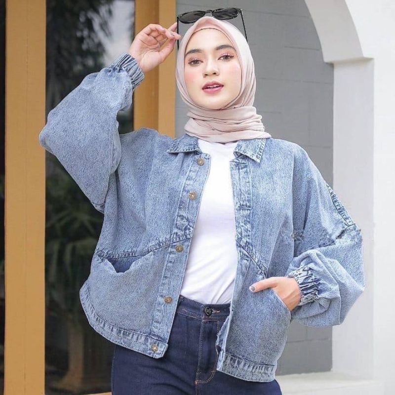 Elea Jacket Jeans Jaket Outer Atasan Wanita Outfit Remaja Ootd Hijab Kekinian Terlaris Termurah