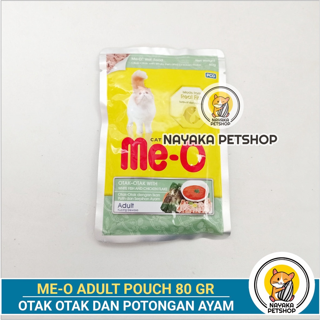 Meo Pouch 80 gr Otak Otak White Fish Chicken Flake Makanan Basah Adult Cat Kucing Dewasa Pakan Ikan Ayam Wet Food