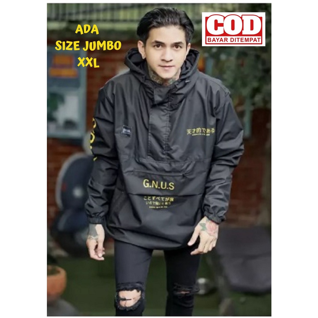 Jaket Pria Cagoule 3D Premium GNUS Original Navy-Putih / Jaket Cagoule Kantong Doraemon