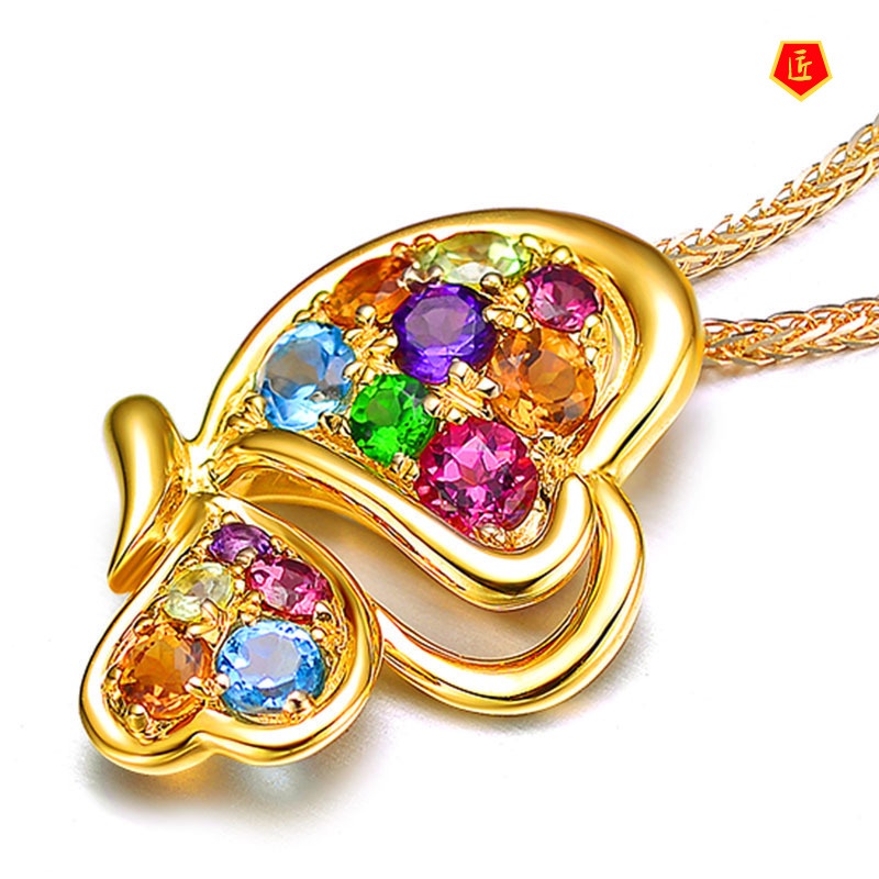 [Ready Stock]Colorful Gem Love Heart Pendant Gold Butterfly Necklace Fashion