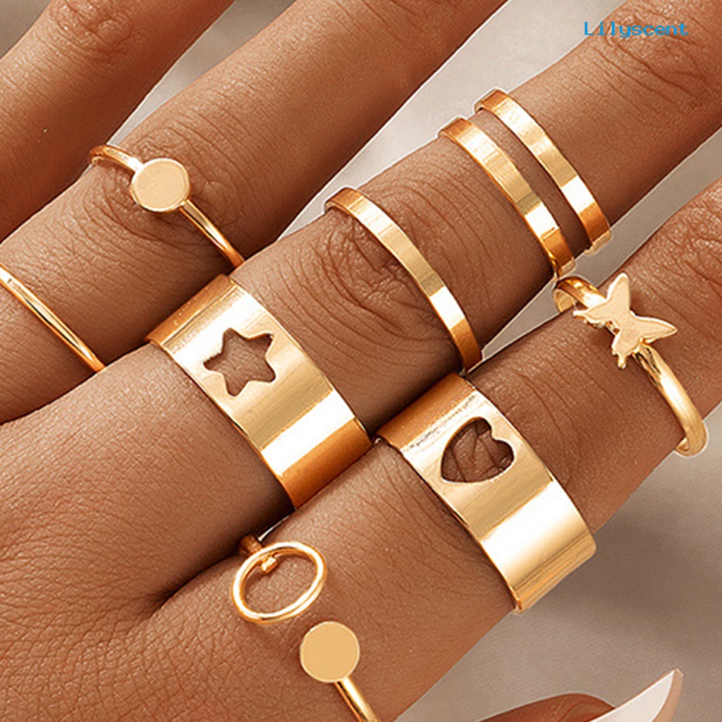 8pcs Cincin Knuckle Bentuk Hati Butterfly Star Plated Stackable Untuk Unisex