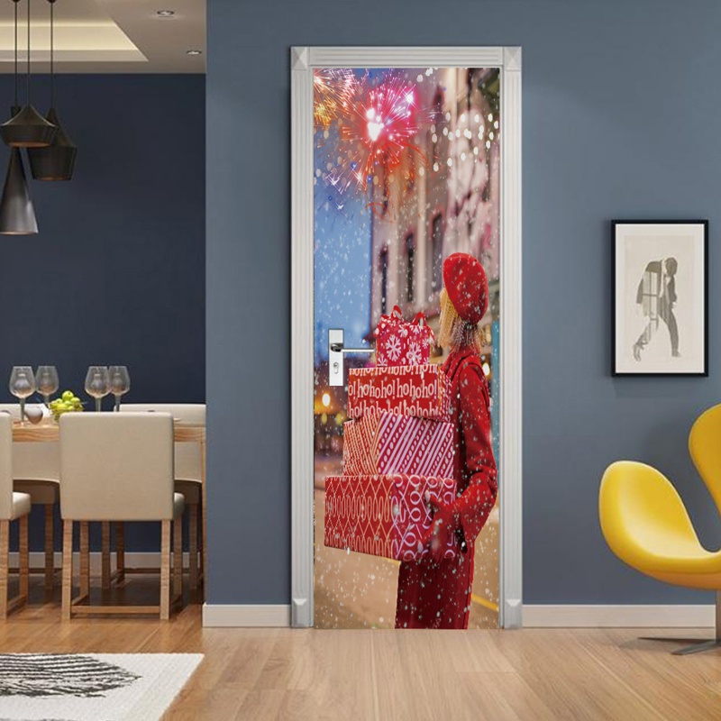 Zzz 2pcs / set Stiker Dinding / Pintu / Kulkas Anti Air Motif Wanita Tema Natal Untuk Dekorasi Rumah