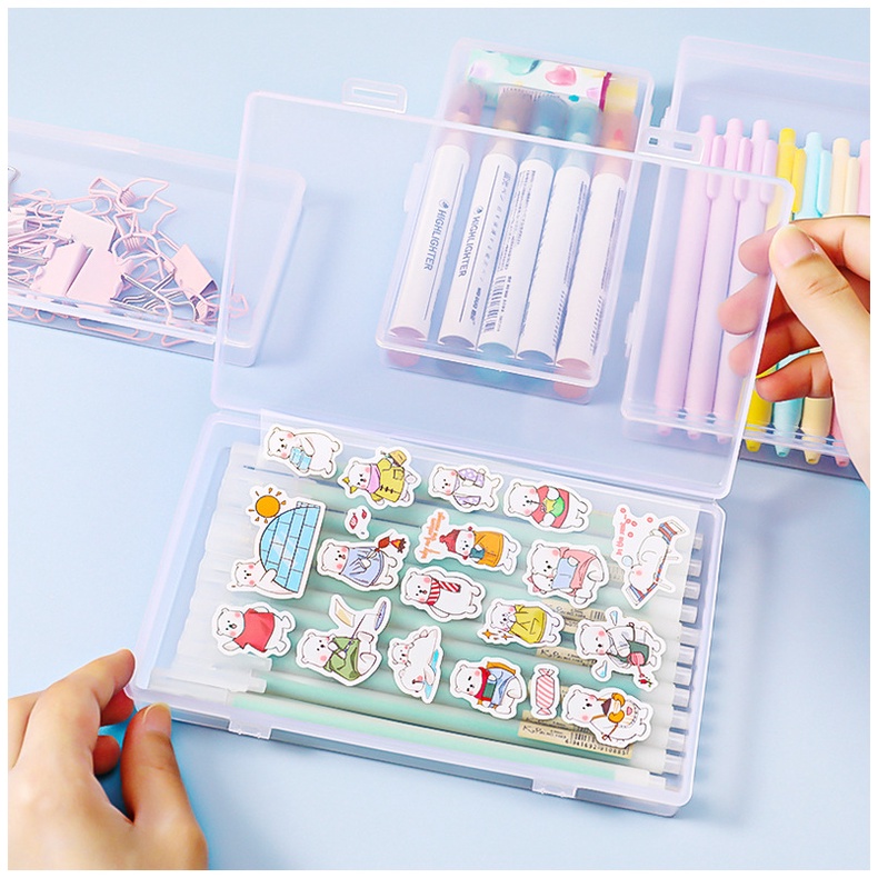 [Portable Clamshell Square Clear Plastic Desktop Sorting Storage Box] [Multifunctional Transparent Simple Desk Pencil Case Label Organizer Box ]