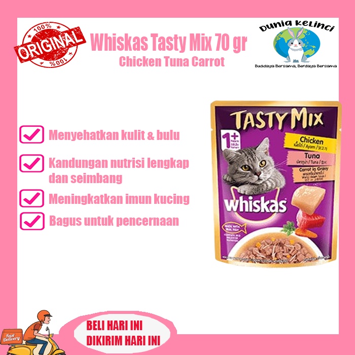 MAKANAN KUCING WHISKAS POUCH TASTY MIX CHICKEN TUNA CARROT 70 GR