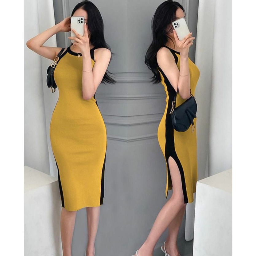 WSE390 - Dress Rajut Sydney Dress Rajut Wanita Dress Rajut Two-tone Sexy Tanpa Lengan UK Fit L To XL LD 100 CM - 110 CM PJ 110 CM PREMIUM QUALITY