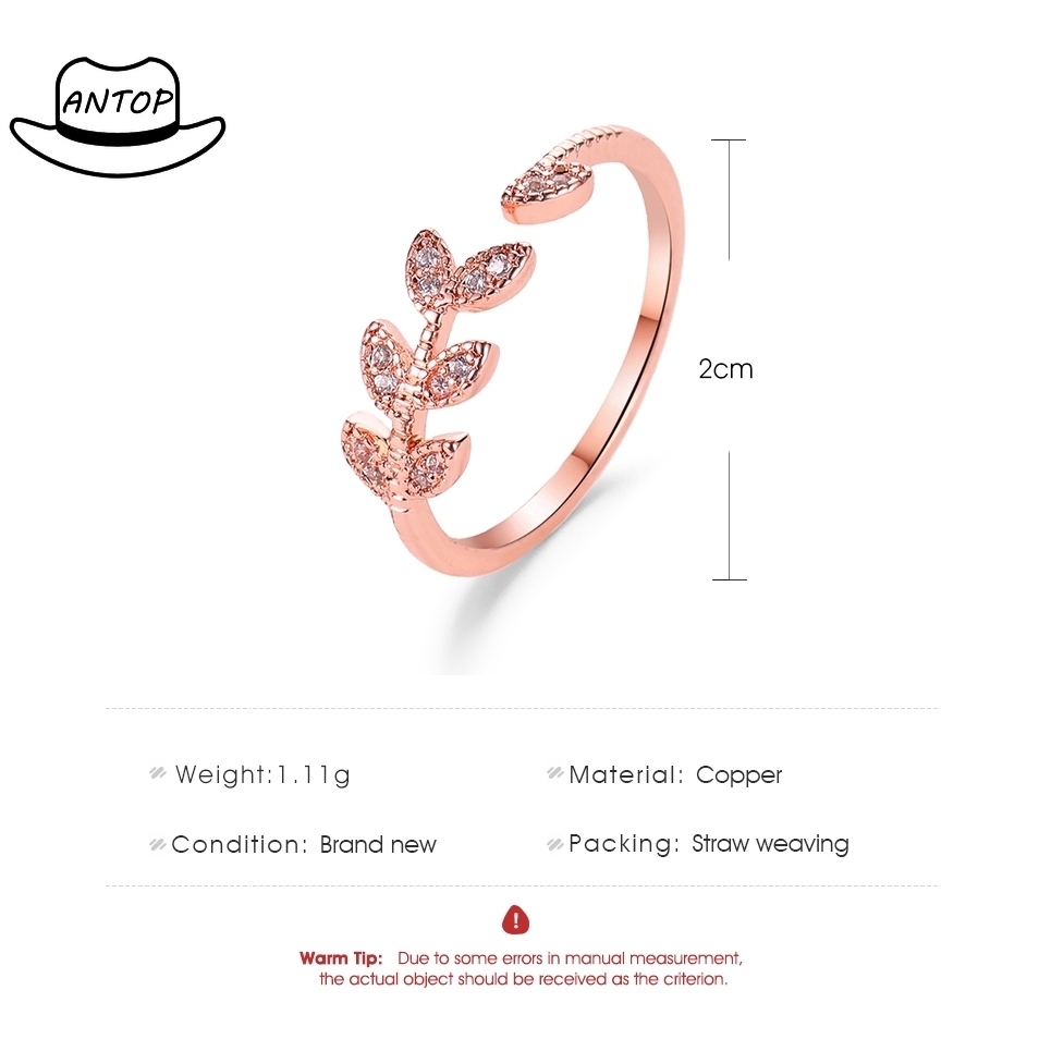 Antop！ Cincin Perak Crystal Daun Imitasi Wanita Zirkon Daun Pohon Sederhana Rings