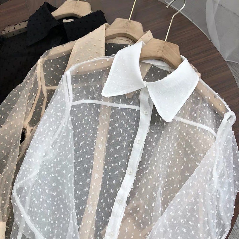 amora top tile dot  atasan wanita kemeja transparan