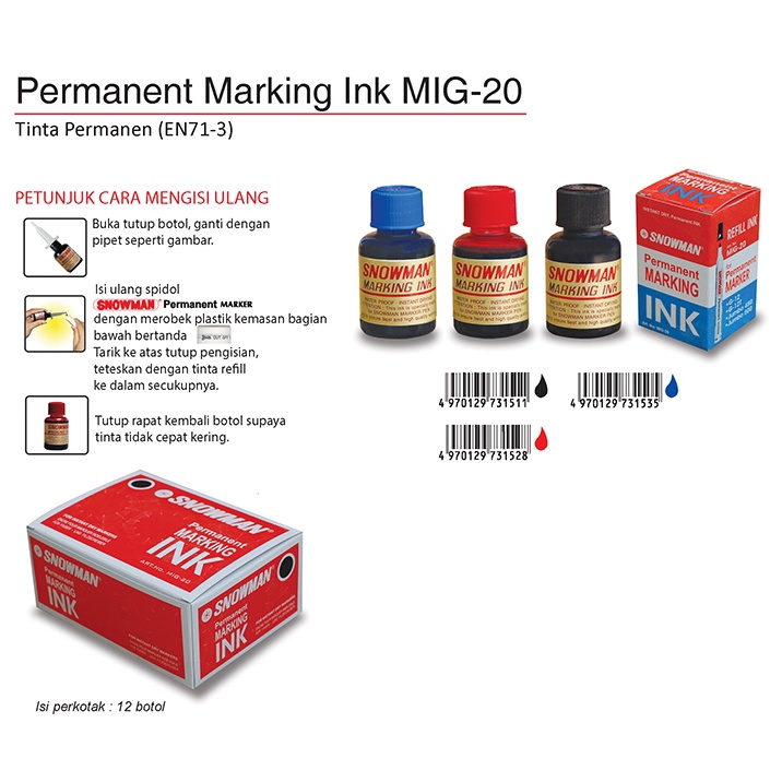 

Tinta Spidol Snowman Permanen MIG-20 / Tinta Refill Spidol Isi Ulang ( Permanen )