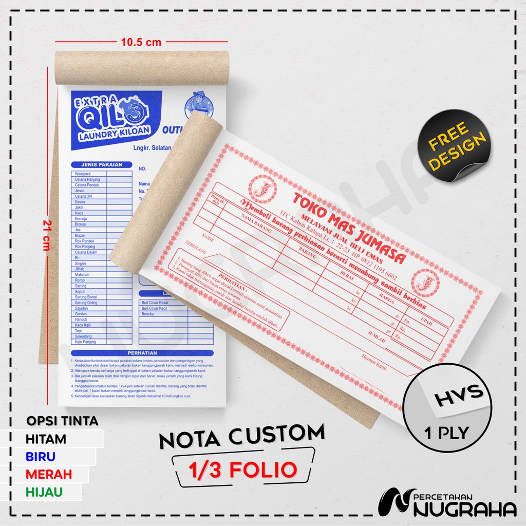 

NOTA CUSTOM 1/3 FOLIO 1 RANGKAP / BUKU NOTA KONTAN Isi 50 lembar