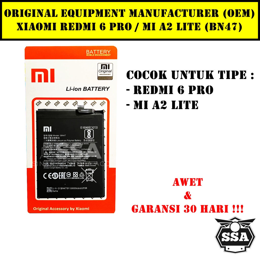 Baterai Original OEM Xiaomi Redmi 6 Pro Mi A2 Lite Mi A 2 Lite BN47 BN 47 Battery Batu Batre Batrei Batrai ORI HP Handphone