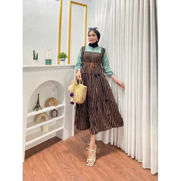 Midi Dress Rayon Motif Salur Kombinasi Free Belt