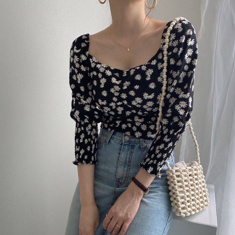PAULA DAISY LONGSLEVEE - Blus Sabrina Wanita Lengan Puff Motif Bunga Daisy Gaya Korea Blouse Wanita-3