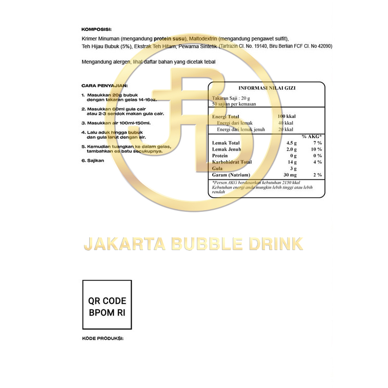 Bubuk Minuman Premium GREEN TEA -Jakarta Bubble Drink | BPOM&amp;HALAL