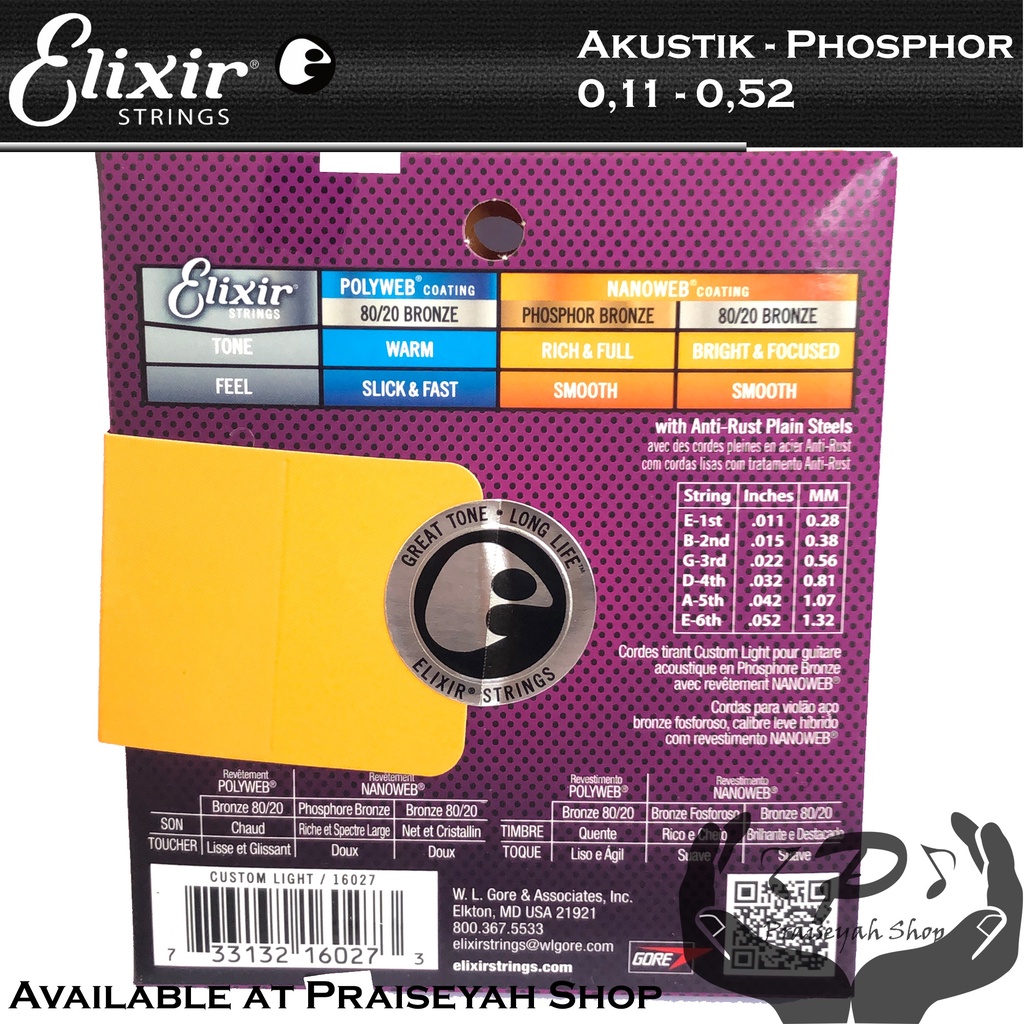 Elixir Senar Gitar Akustik Phosphor Bronze 010 dan 011 Original Guitar String