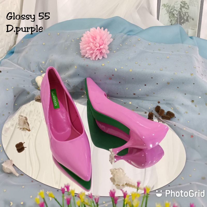 sepatu maude guesis soll karet tapak anti licin Glosy 55 heels 5cm ini-D,purple