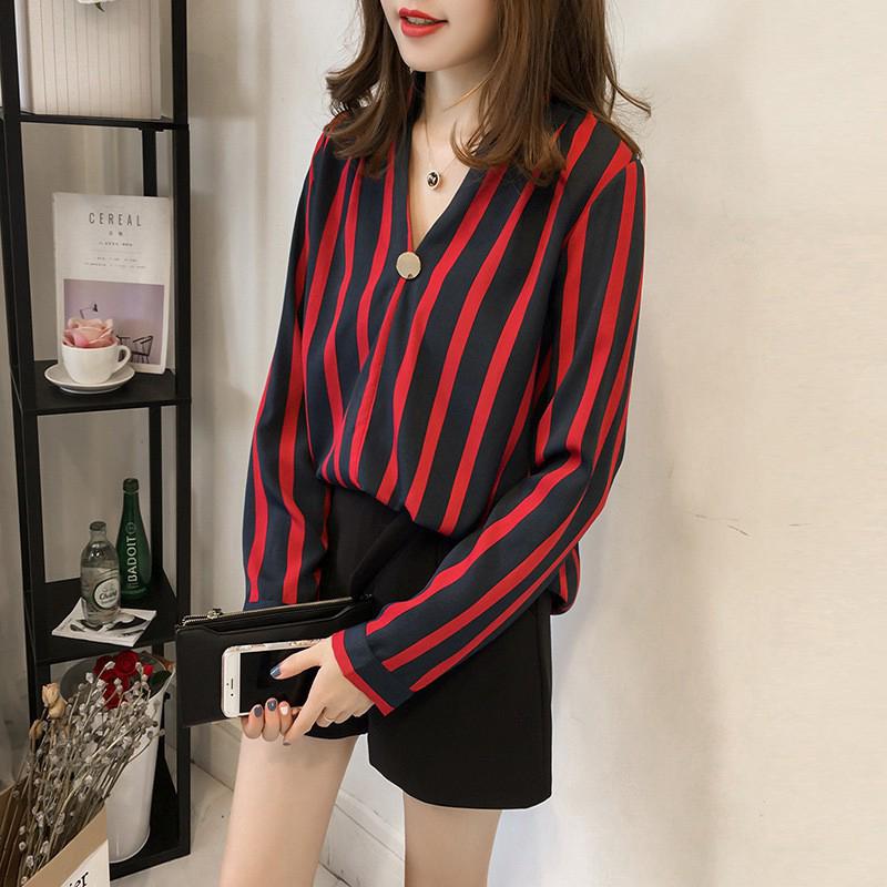  Kemeja  Wanita Lengan  Panjang Model Longgar  Motif Garis 