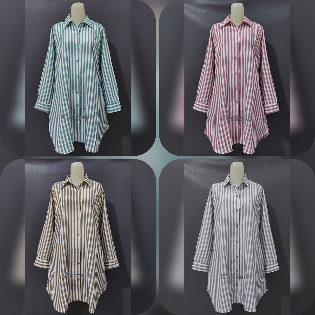 Clachella Baju Tunik Kemeja Crincle Motif Salur, Baju Atasan Wanita T96B8021