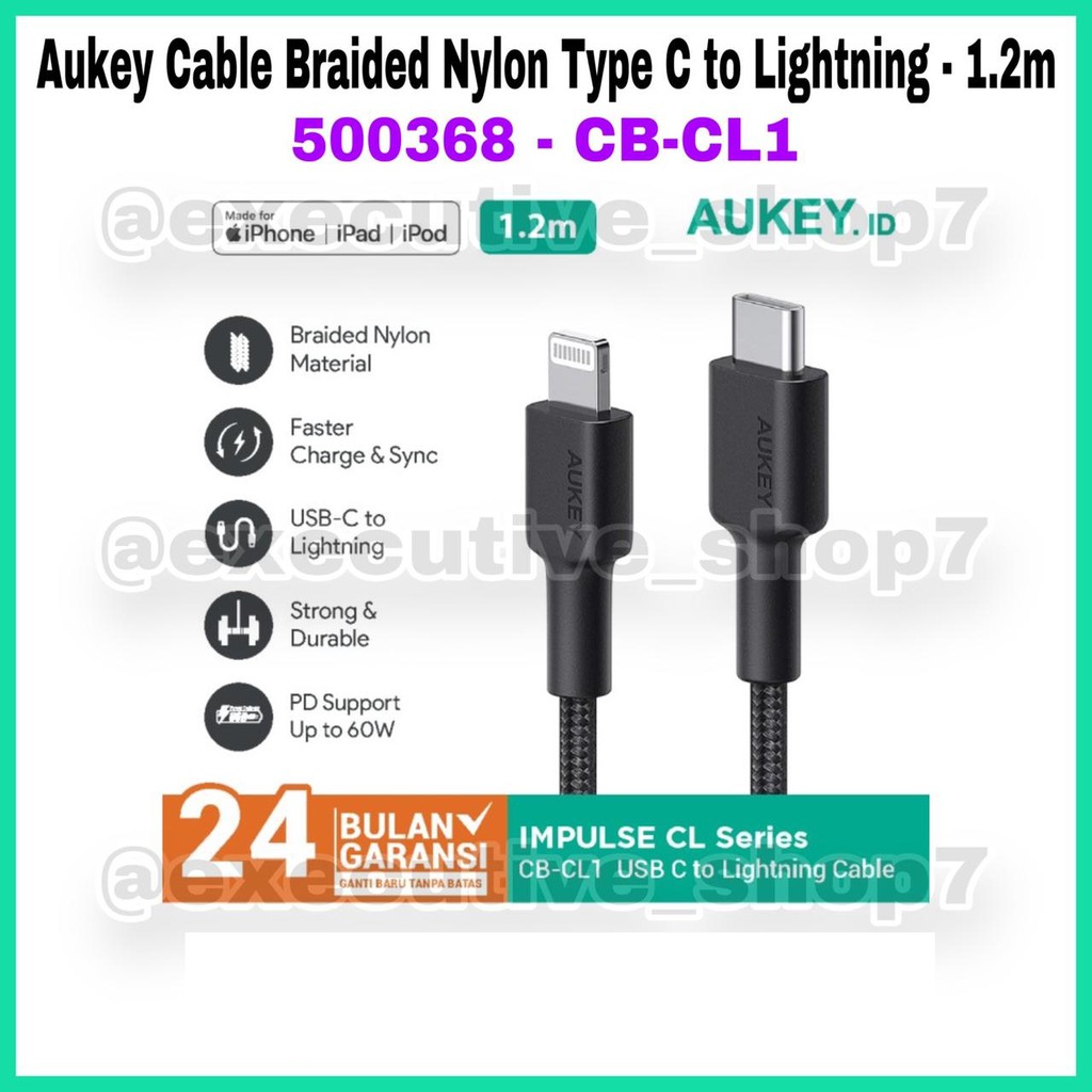 Aukey Cable Type C to Lightning MFI Braided Nylon 1.2m - SKU : 500368