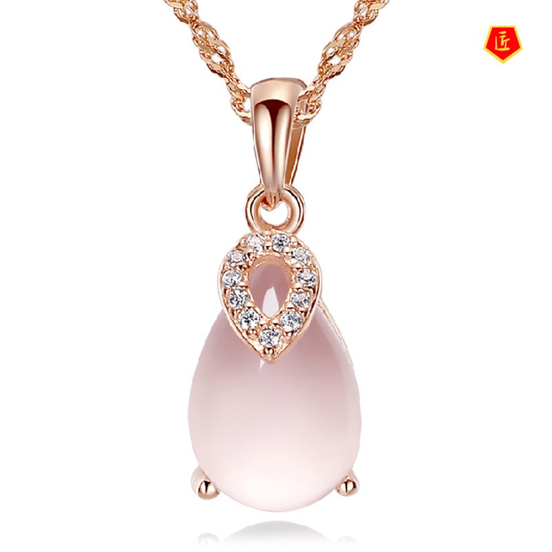 [Ready Stock]Silver Necklace Women's Pink Crystal Lucky Stone Pendant Simple and Elegant