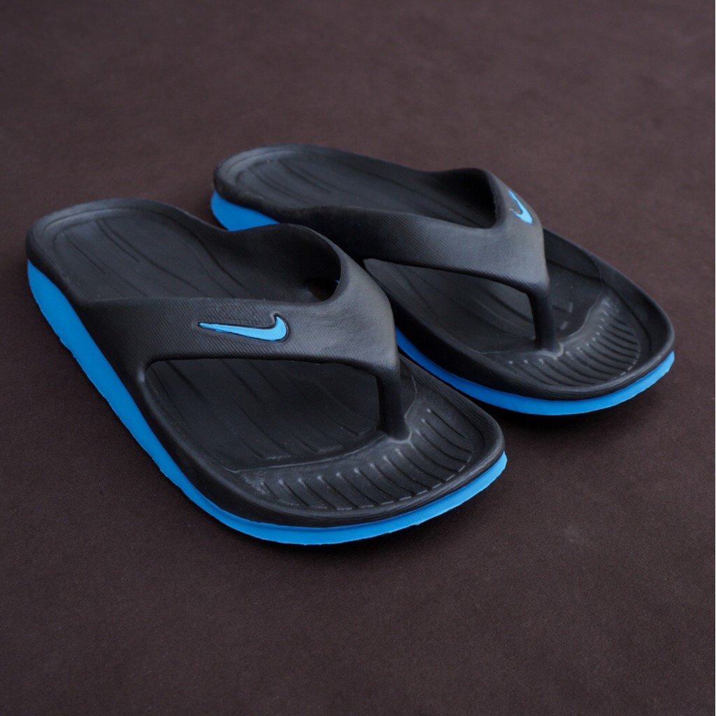 CUCI GUDANG - Sandal Karet Jepit Kasual Santai Pria Nike Duramo Hitam List Biru Sendal Cowok Dewasa