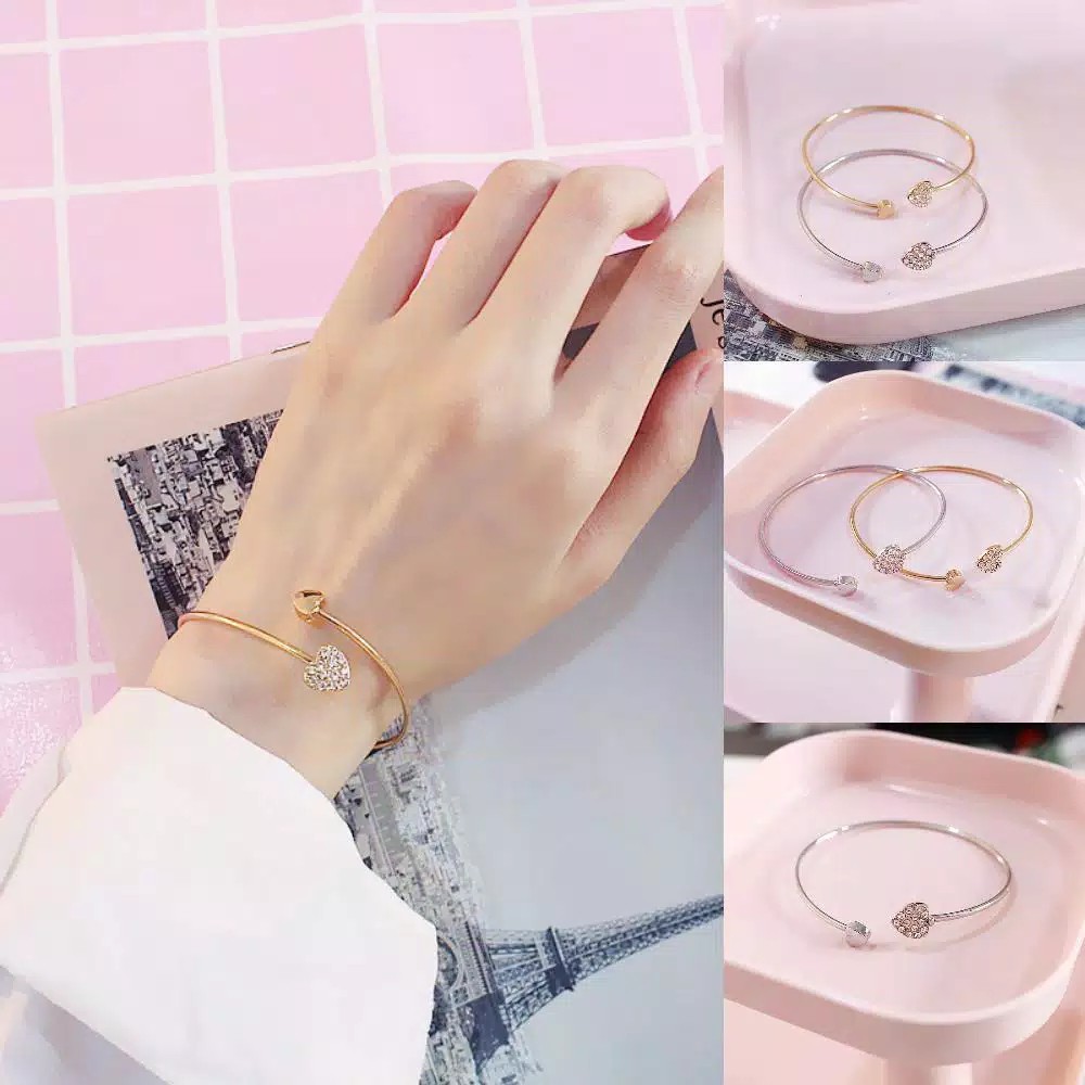 Gelang Cuff Wanita Model Terbuka Bentuk Hati Hias Kristal