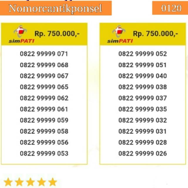 Nomor cantik simpati 0822 seri panca 99999 rapi #0120