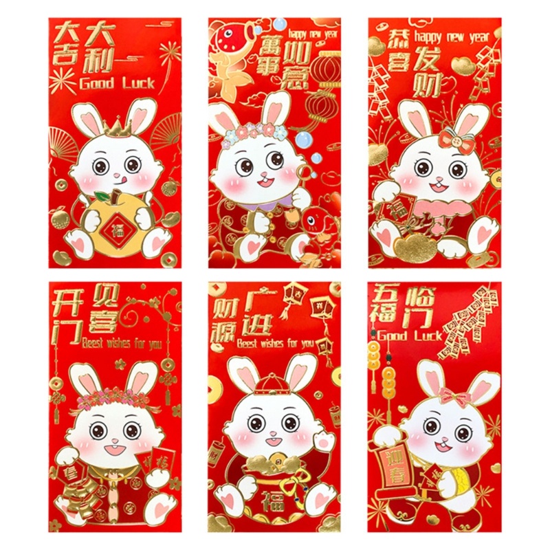 Zzz 2023 6pcs / set Amplop Angpao Lipat Motif Kelinci Warna Merah Untuk Tahun Baru Cina