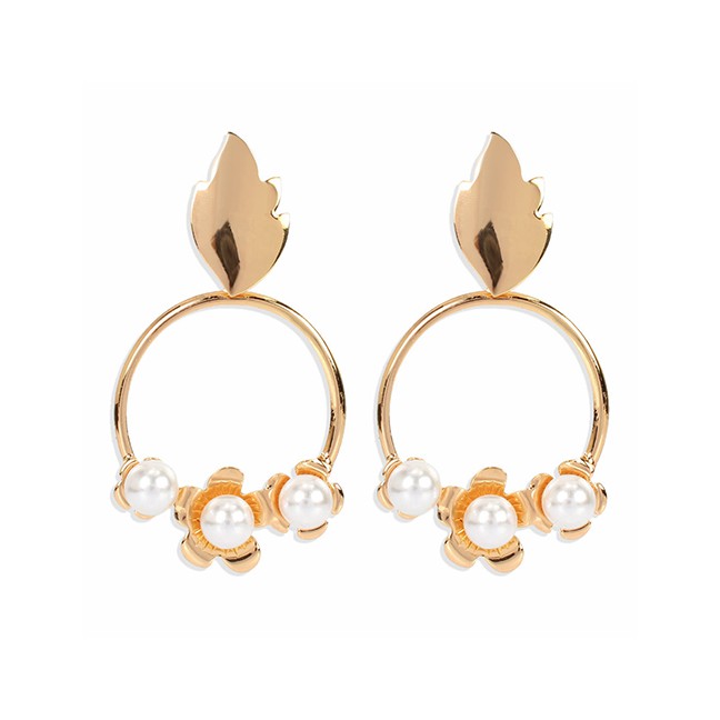 LRC Anting Tusuk Fashion Golden Alloy Round Diamond Earrings With Flowers K44372