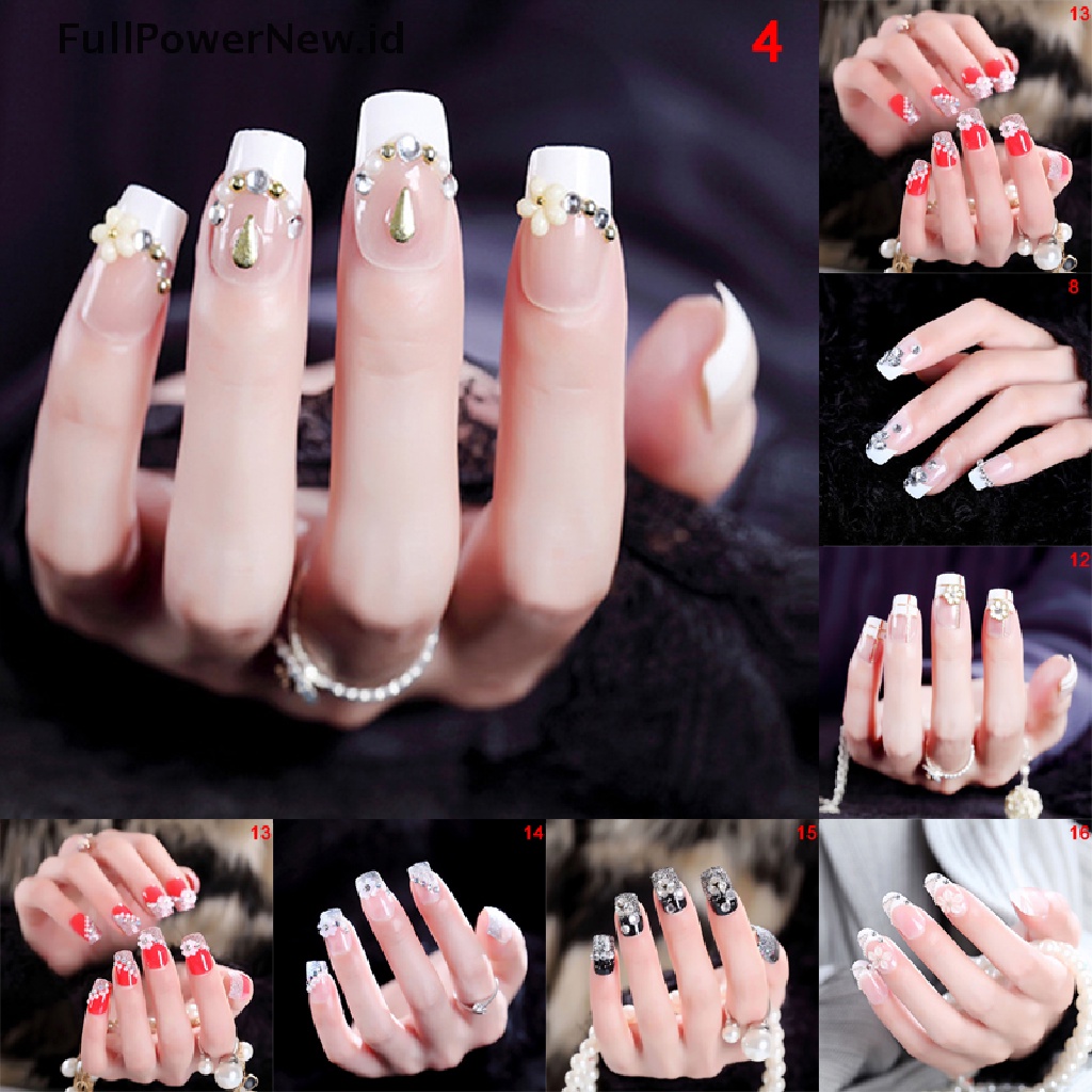 24pcs / Set Kuku Palsu Transparan Motif Bunga Aksen Manik-Manik Untuk Nail Art / Manicure Diy