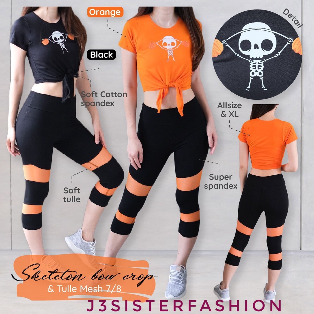 BAJU SENAM SKELETON BOW CROP TULLE SET BAJU SENAM HITAM ORANGE BAJU ZUMBA AEROBIK FITNESS GYM