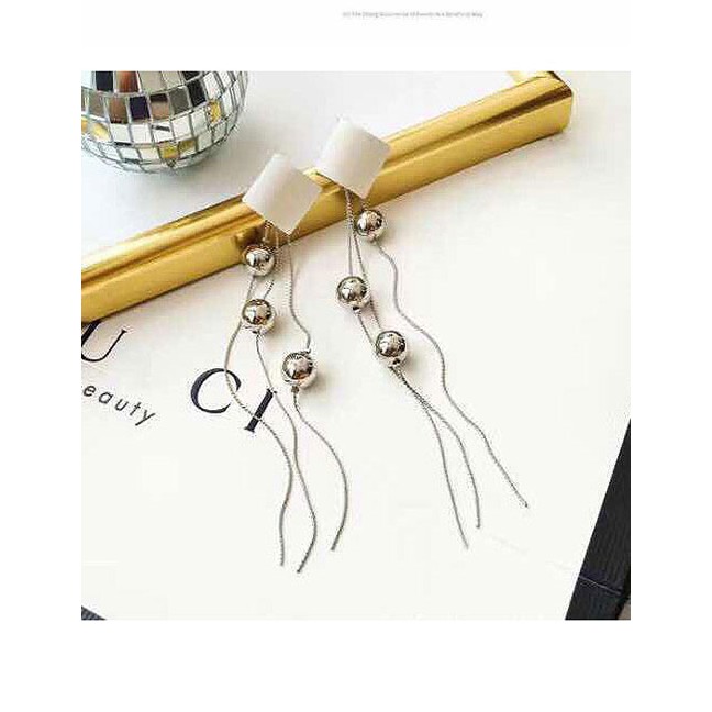 LRC Anting Tusuk Fashion 925 Silver Pin Metal Square Tassel Earrings A58682