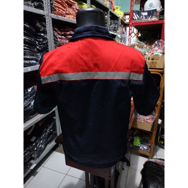 BAJU SAFETY LENGAN PENDEK NAVY MERAH RESLETING PREMIUM BAHAN DRILL ADEM