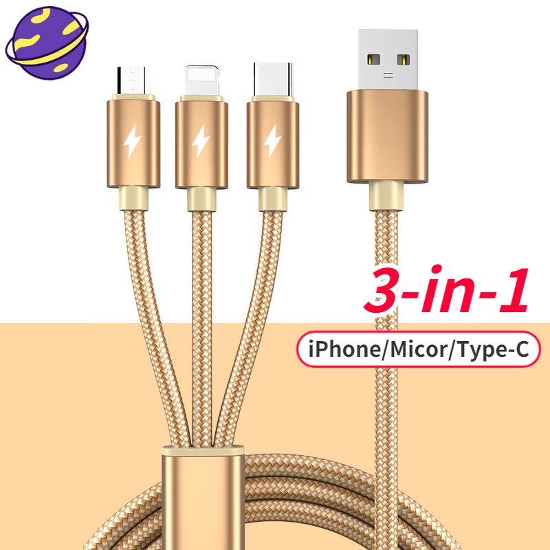 3 in 1 Kabel Charger USB 3.1A Tipe C Fast Charging Untuk iPhone / Android