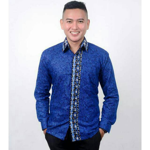 Kemeja Hem Baju Batik Pria Lengan Panjang Biru Navy Mega Mendung Dongker Shopee Indonesia