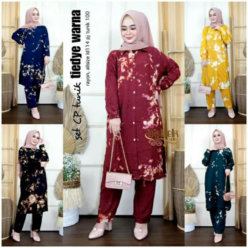 one set tie dye tunik setelan lengan panjang