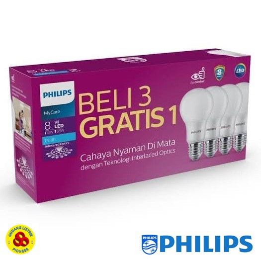 Philips Lampu LED Mycare 8W Putih Paket Bohlam LED Bulb 8 Watt isi 4