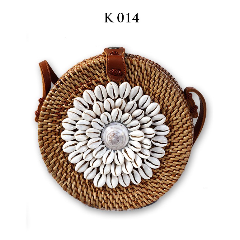 Sweet Honey ~Tas Rotan Bali Bulat Motif Kerang 20cm Warna Putih Hitam Coklat [Bisa COD]