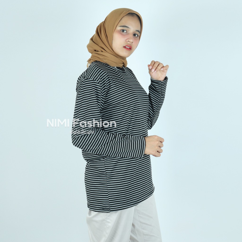 NIMIFASHION KAOS LENGAN PANJANG WANITA / BAJU LENGAN PANJANG / BAJU SALUR HITAM PUTIH BISA COD