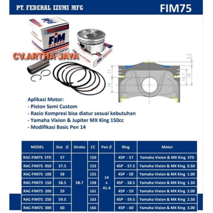 PISTON KIT FIM FIM75 SEMI DOME YAMAHA VIXION / VIXION NEW / MX KING 150 / R 15 / R15 V1 / R15 V2 ( 57 / 57,5 / 58 / 58,5 / 59 / 59,5 / 60 ) ( STD / 050 / 100 / 150 / 200 / 250 / 300 ) ( PEN 14 / PIN 14 )-5