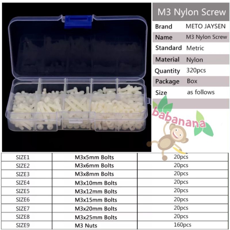 320 Pcs nylon screw nut white baut plastik pcb putih mur skrup set box